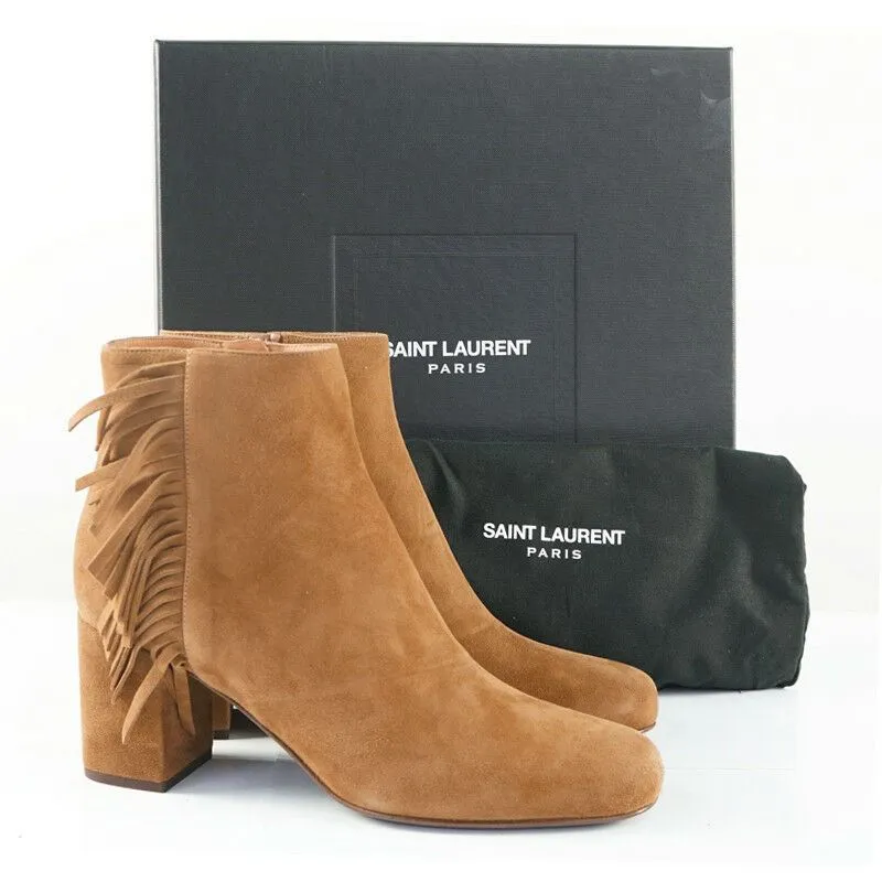 37.5 NEW $895 SAINT LAURENT Tan Suede 70 BABIES Fringe Boho ANKLE BOOTS
