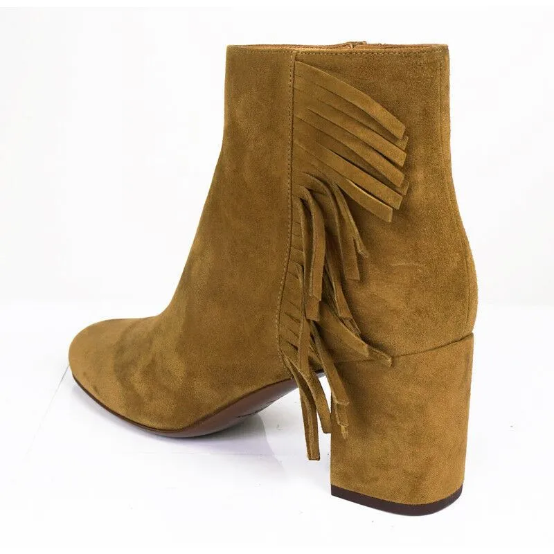 37.5 NEW $895 SAINT LAURENT Tan Suede 70 BABIES Fringe Boho ANKLE BOOTS