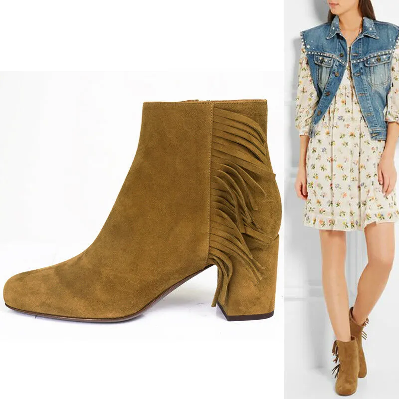 37.5 NEW $895 SAINT LAURENT Tan Suede 70 BABIES Fringe Boho ANKLE BOOTS