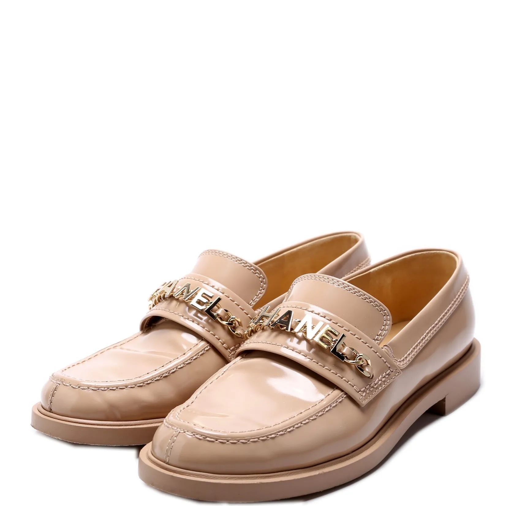 Chain Logo Shiny Calfskin Loafers Size 37 Nude
