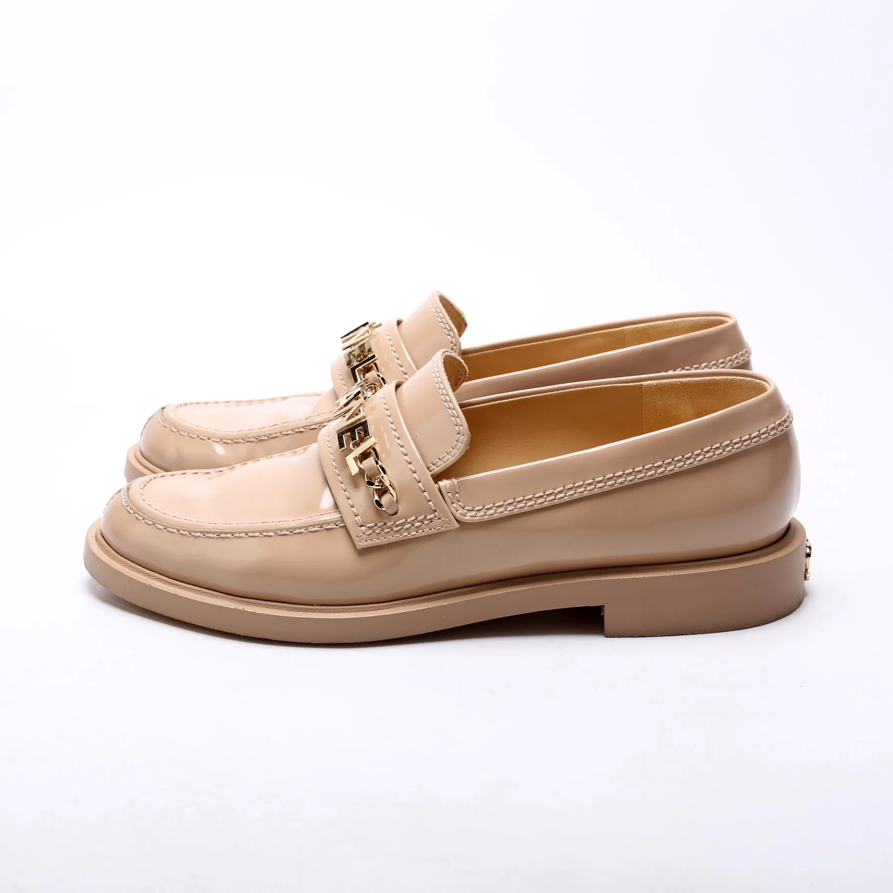 Chain Logo Shiny Calfskin Loafers Size 37 Nude