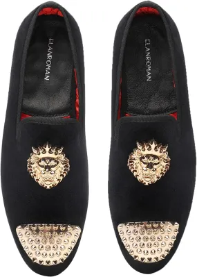 ELANROMAN Men's Loafers Gold Buckle Wedding Party Prom Velvet Dress Shoes