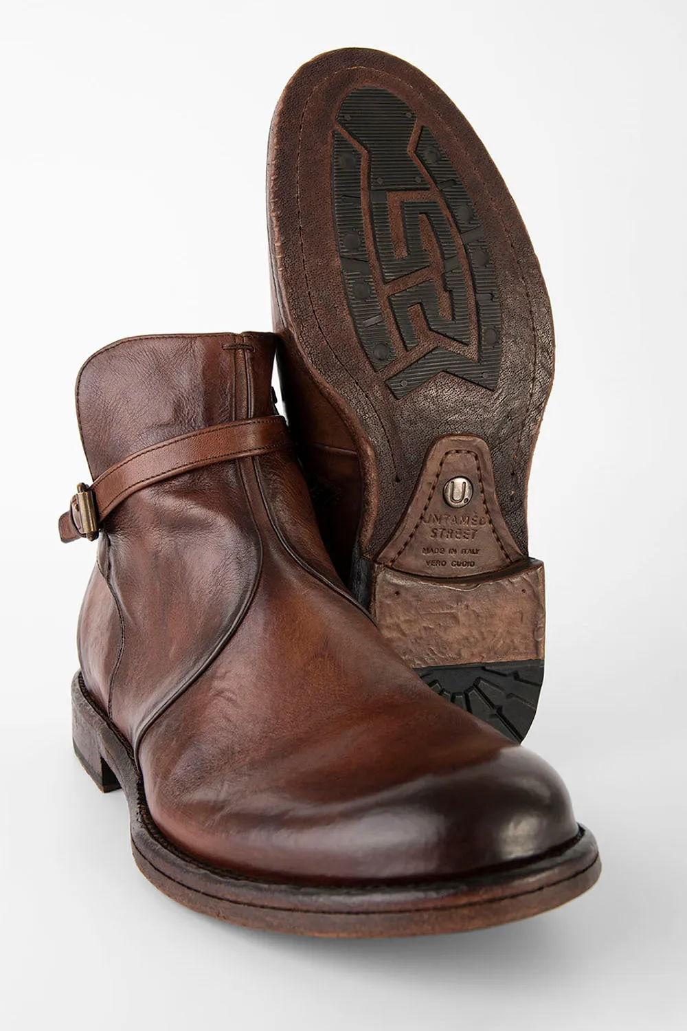 EYTON rich-brown laceless ankle boots.