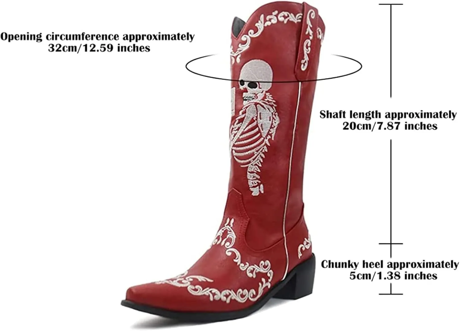 HINDOLA Women's Cowgirl Boots Skull Embroidery Cowboy Mid Calf Boots Western Chunky Block Heel Fashion Pull-On Retro Boots
