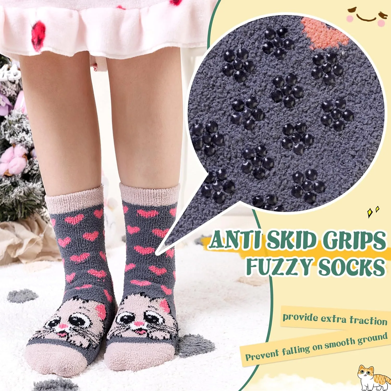 Kids Fuzzy Slipper Grip Socks Boys Girls Non Slip Winter Thick Fluffy Warm Soft Plush Thermal Crew Socks 6 Pairs
