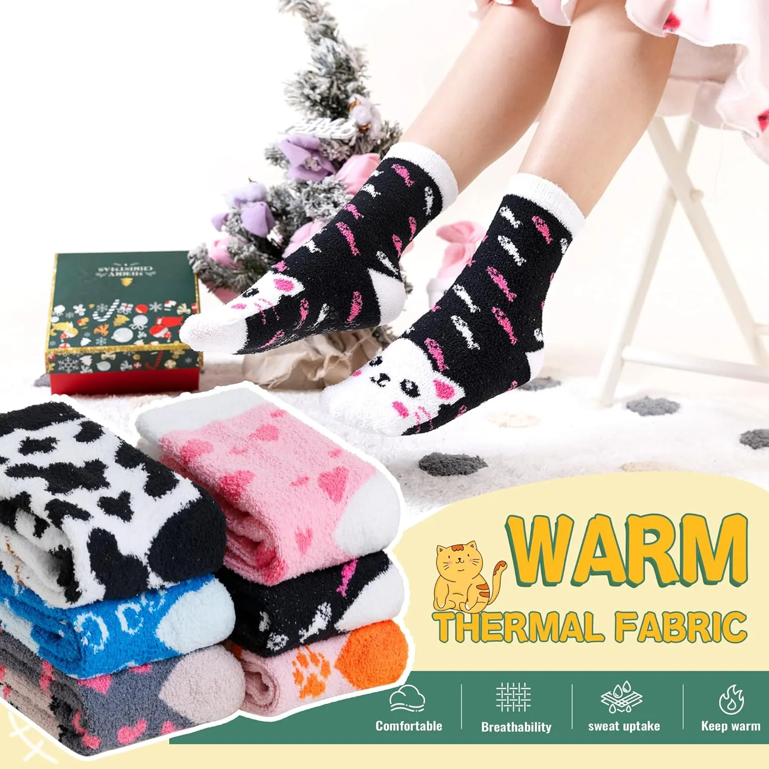 Kids Fuzzy Slipper Grip Socks Boys Girls Non Slip Winter Thick Fluffy Warm Soft Plush Thermal Crew Socks 6 Pairs