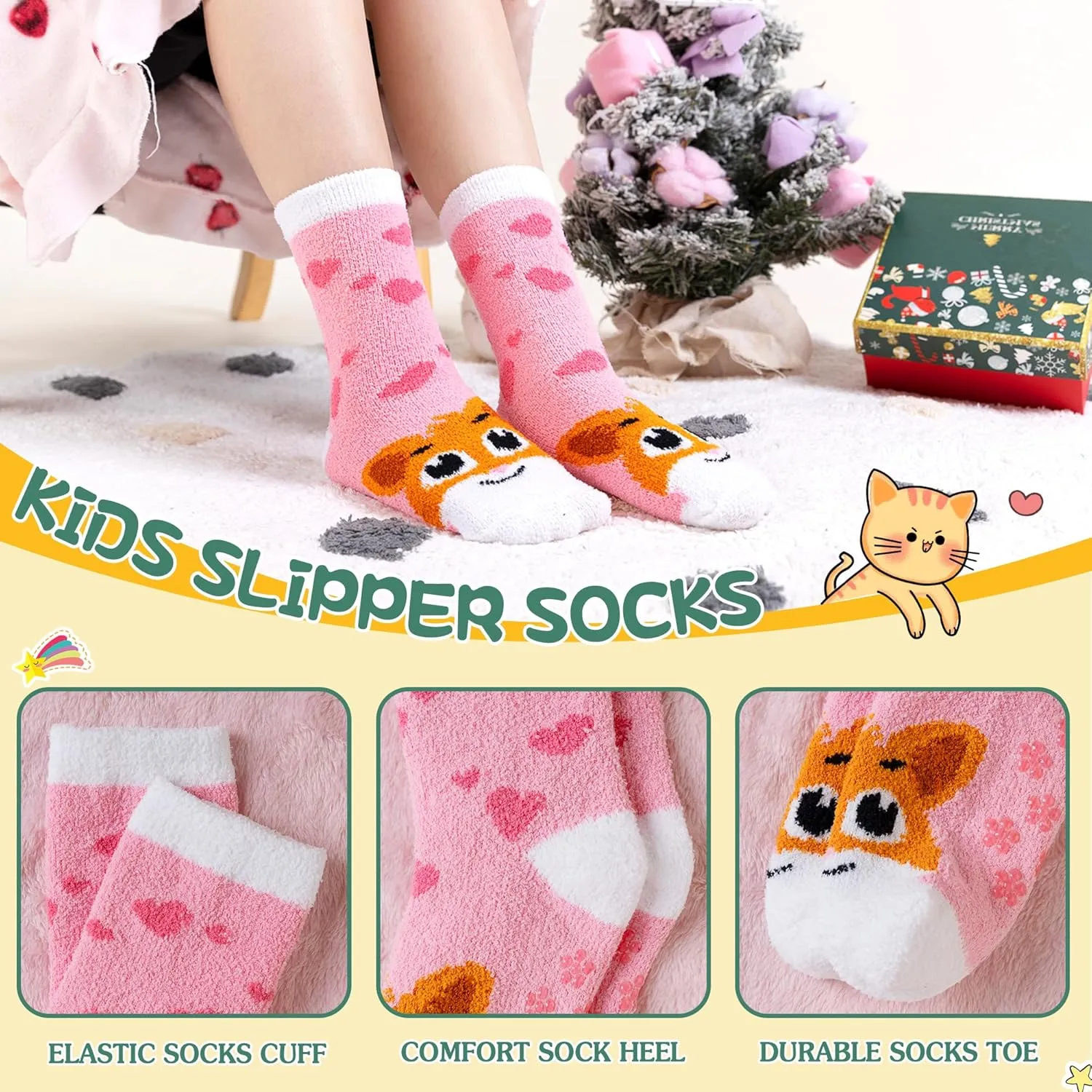 Kids Fuzzy Slipper Grip Socks Boys Girls Non Slip Winter Thick Fluffy Warm Soft Plush Thermal Crew Socks 6 Pairs