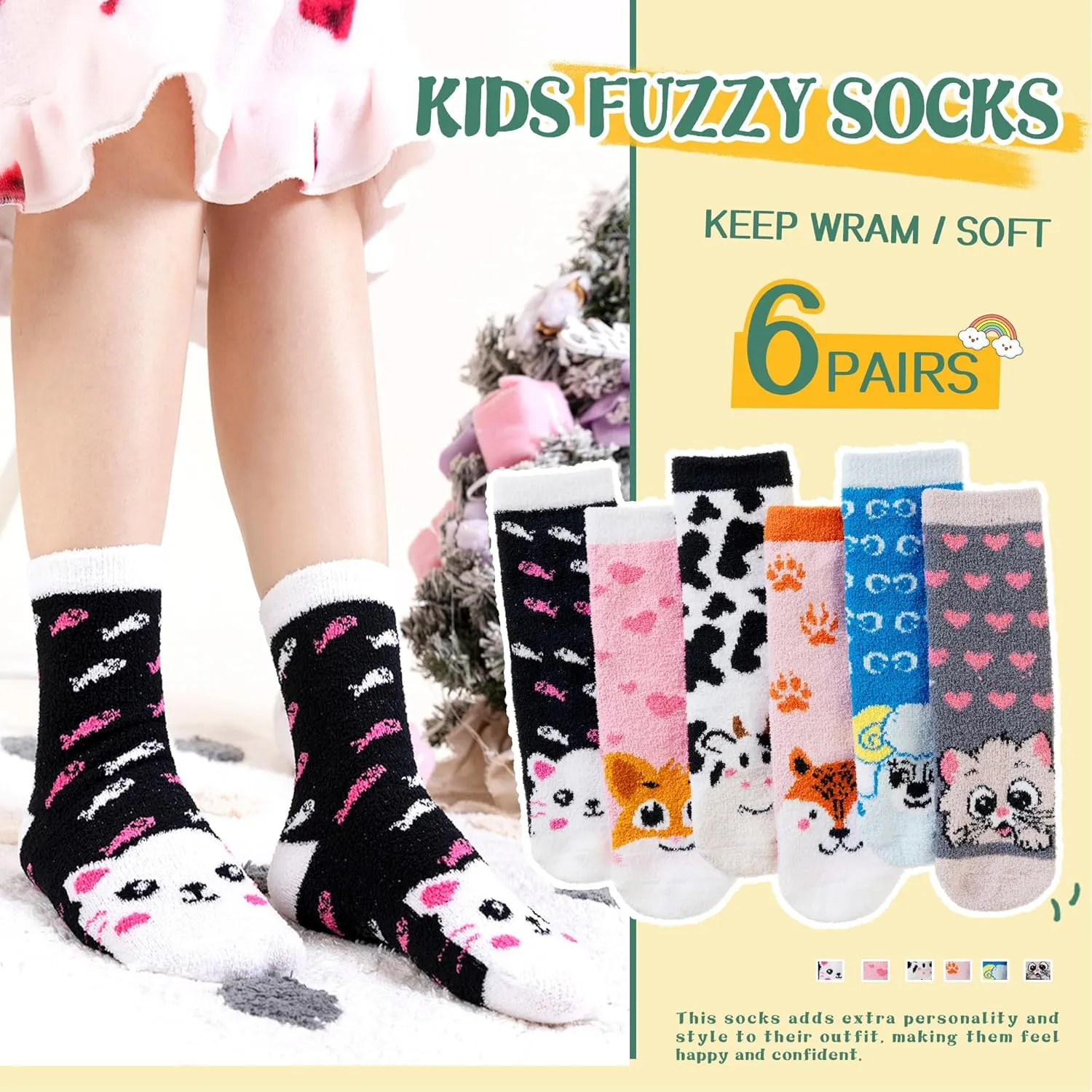 Kids Fuzzy Slipper Grip Socks Boys Girls Non Slip Winter Thick Fluffy Warm Soft Plush Thermal Crew Socks 6 Pairs