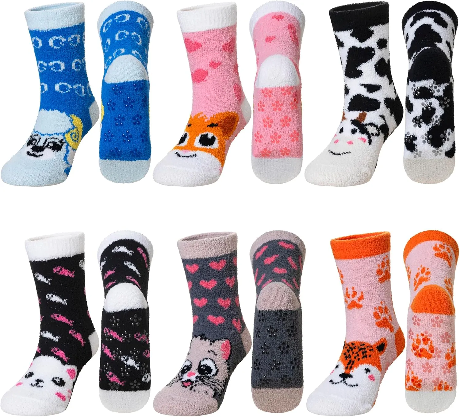 Kids Fuzzy Slipper Grip Socks Boys Girls Non Slip Winter Thick Fluffy Warm Soft Plush Thermal Crew Socks 6 Pairs