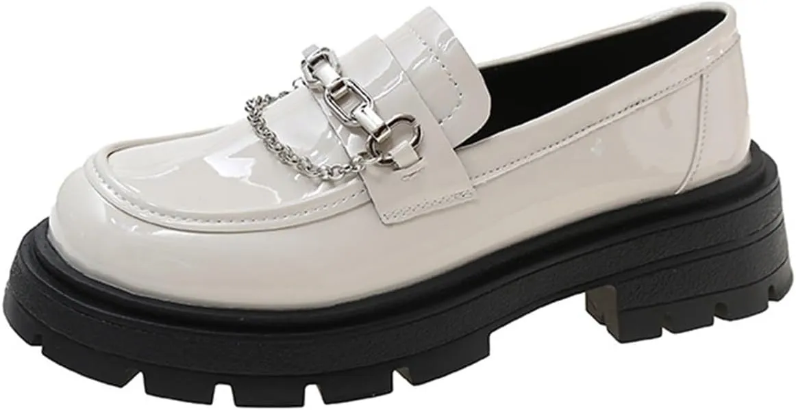 Loafers for Women Women's Chunky Heel Platform Loafers with Metal Chain Casual Retro Pumps for College Girls