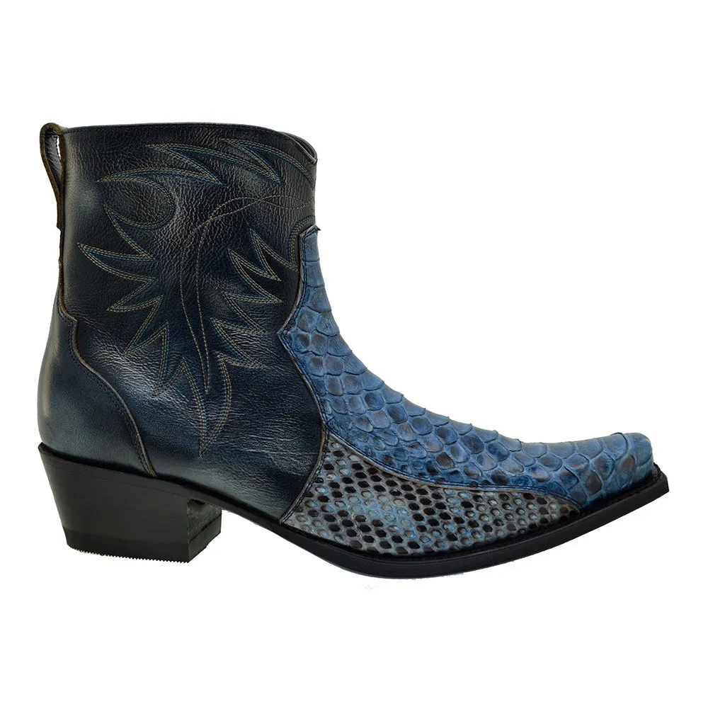 Men's Cowboy Boots Sendra 10165P Blue Leather Blue Python Skin Cuban Heel