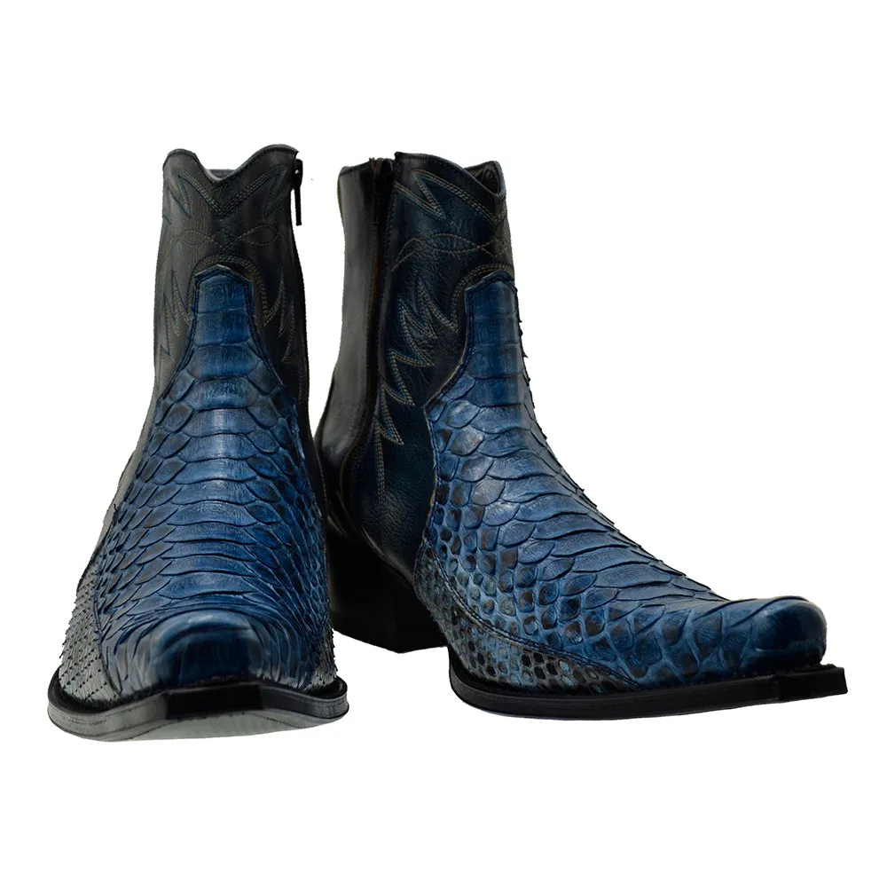 Men's Cowboy Boots Sendra 10165P Blue Leather Blue Python Skin Cuban Heel