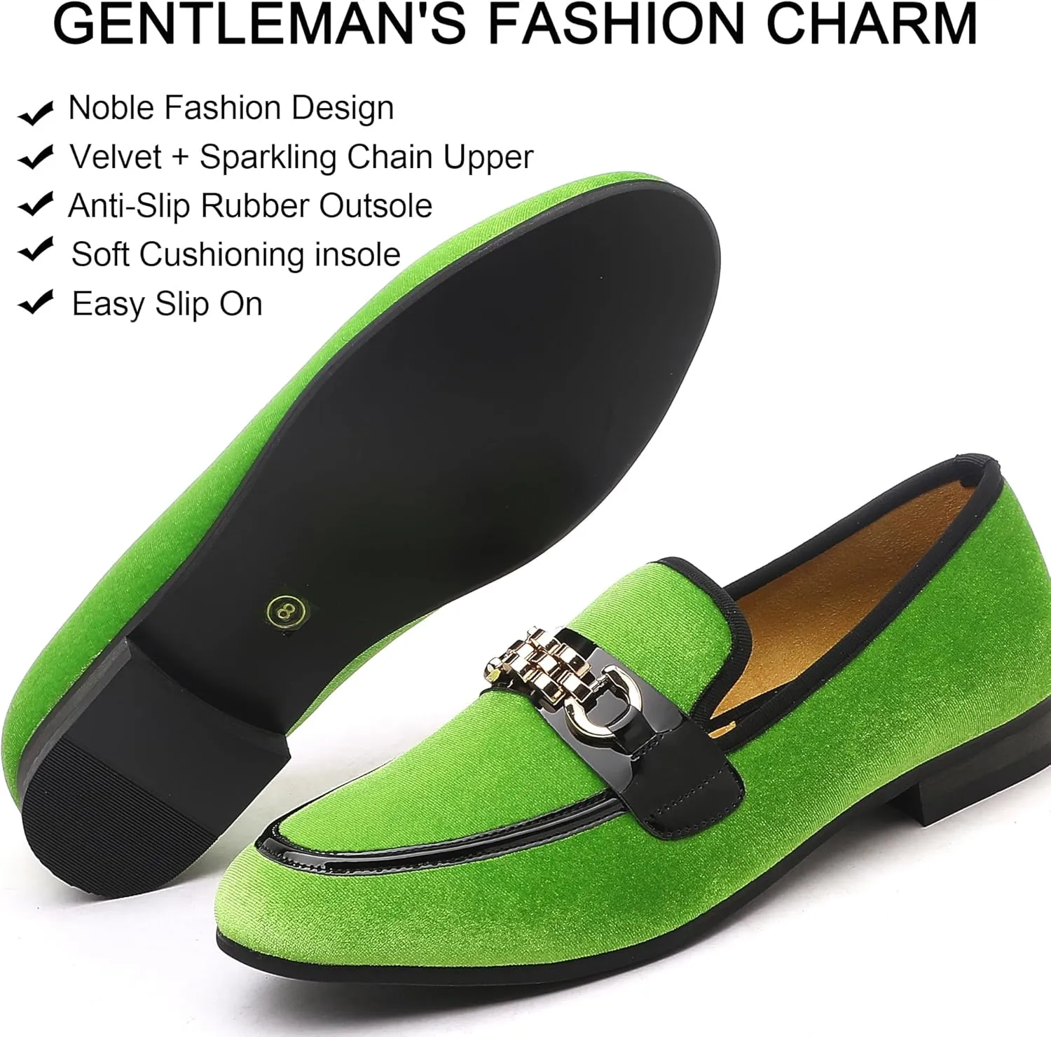 Men's Velvet Loafers,Mens Dress Shoes with Gold Chain, Slip On Flats Smoking Slippers Penny Shoes for Men