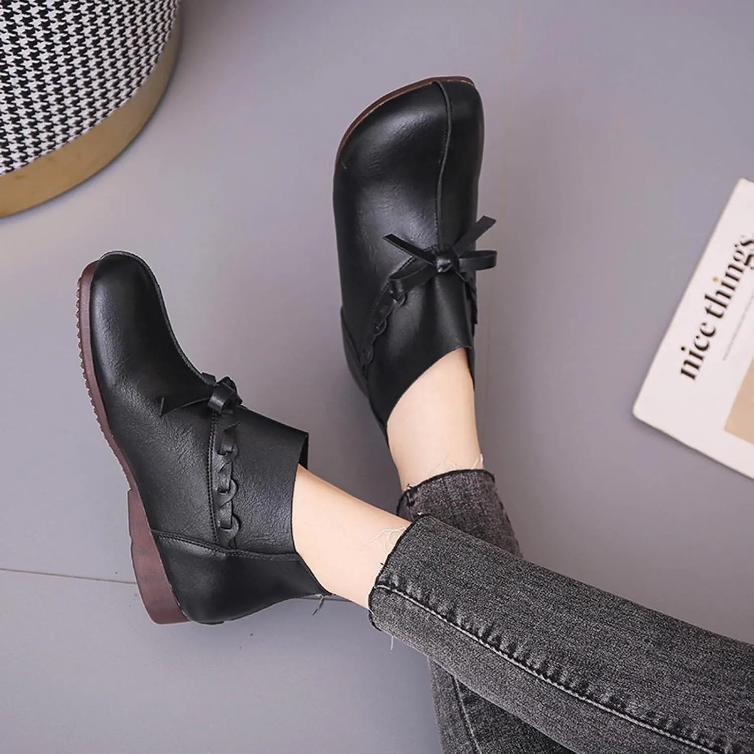 oiangi Leather Boots for Women Low Heel Vintage Round Toe Bow Back Zipper Plus Velvet Ankle Booties Solid Lightweight Soft Sole Non-slip Ladies Shoes