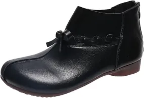 oiangi Leather Boots for Women Low Heel Vintage Round Toe Bow Back Zipper Plus Velvet Ankle Booties Solid Lightweight Soft Sole Non-slip Ladies Shoes
