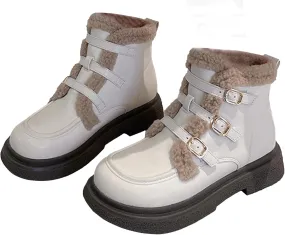 Zeberfi Women's Leather Velvet Lining High-Top Penny Loafers with Adjust Belt Buckle,Retro Round Toe Slip On Warm Platform Chunky Low Heel Casual Snow Ankle Boots